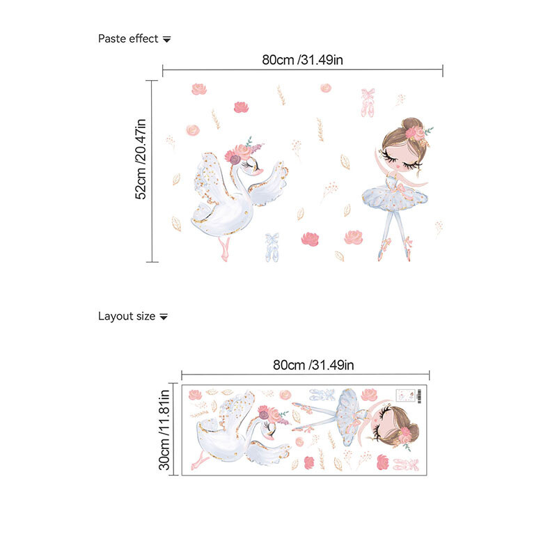 Lipnūs mieli dekoratyviniai sienų lipdukai su rožine gulbe, šokančia mergaite, gėle, vaikų kambariu, mielu animaciniu filmuku
