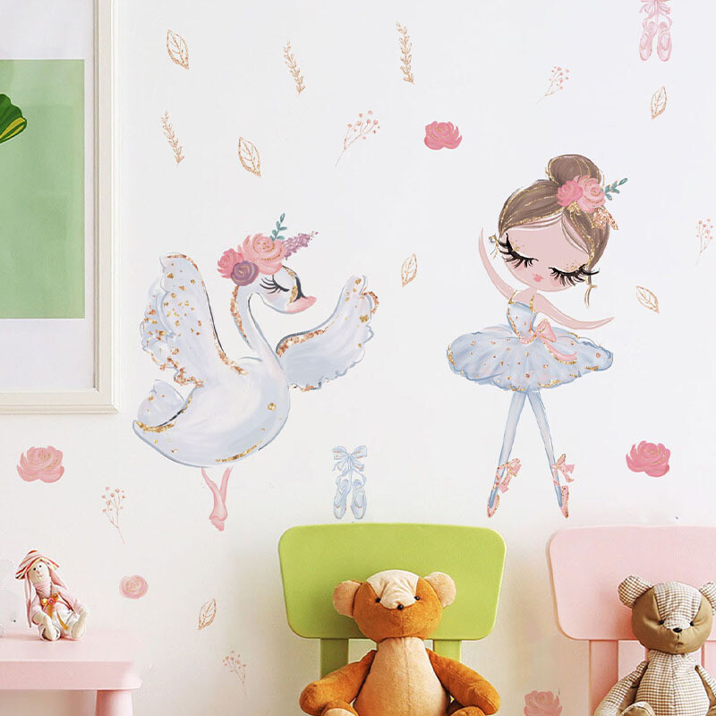 Lipnūs mieli dekoratyviniai sienų lipdukai su rožine gulbe, šokančia mergaite, gėle, vaikų kambariu, mielu animaciniu filmuku
