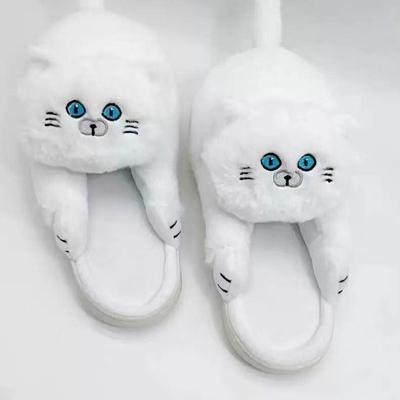 Сини памучни пантофи с котешко усещане, полупокрити памучни обувки с ток, плюшени домашни сладки топли пантофи с отворен ток, симулация на котка