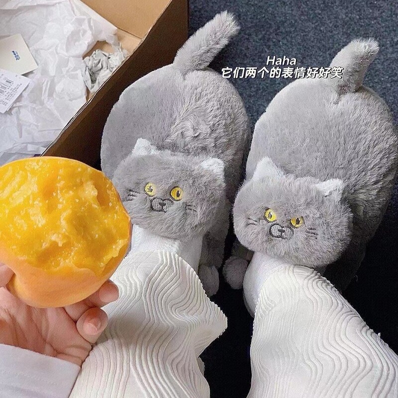 Сини памучни пантофи с котешко усещане, полупокрити памучни обувки с ток, плюшени домашни сладки топли пантофи с отворен ток, симулация на котка