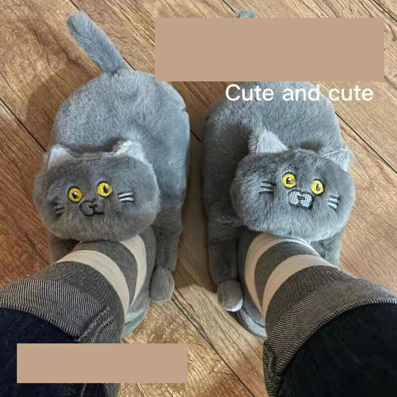 Сини памучни пантофи с котешко усещане, полупокрити памучни обувки с ток, плюшени домашни сладки топли пантофи с отворен ток, симулация на котка