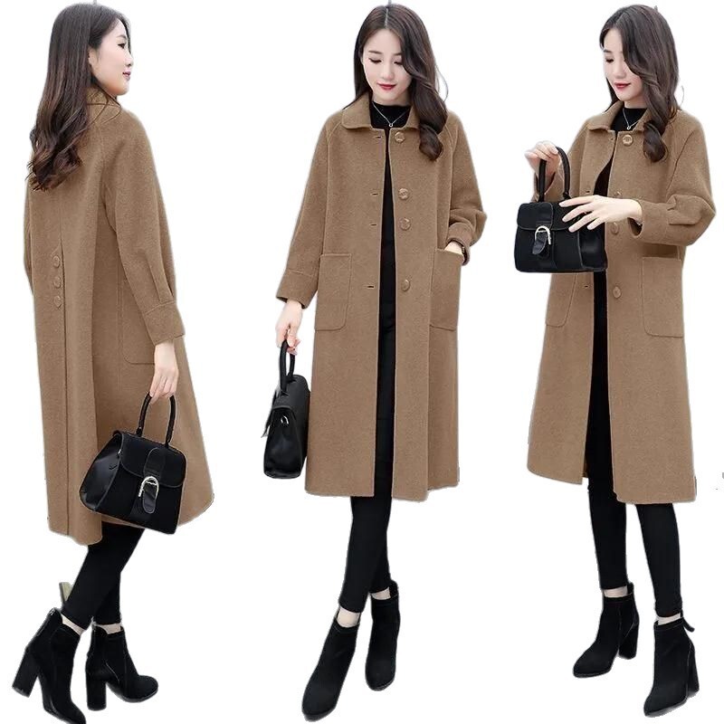 Moteriškas vidutinio ilgio paltas 2025 m., korėjietiško stiliaus, rudens-žiemos vilnonis paltas su žibinto rankove, moteriškas laisvas vilnonis paltas