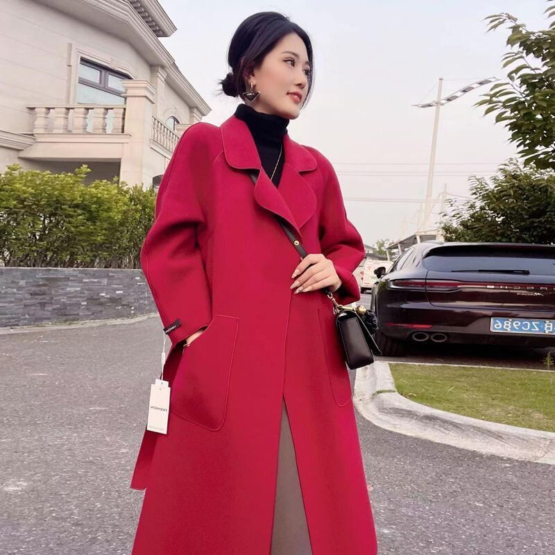 Naujas dvipusis aksominis paltas moterims, rudeniui ir žiemai, populiarus korėjietiško stiliaus, laisvas nėriniuotas kašmyro vilnos paltas moterims.