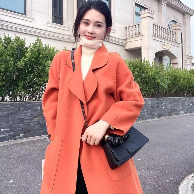 Naujas dvipusis aksominis paltas moterims, rudeniui ir žiemai, populiarus korėjietiško stiliaus, laisvas nėriniuotas kašmyro vilnos paltas moterims.