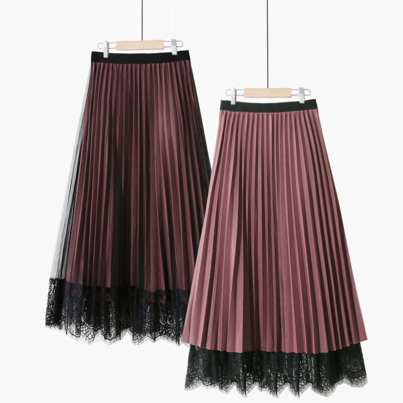 Fustă retro plisată, drăguță, de culoare uni, cu talie înaltă, din dantelă dublă, de lungime medie, din plasă de mătase strălucitoare, cu model de zână