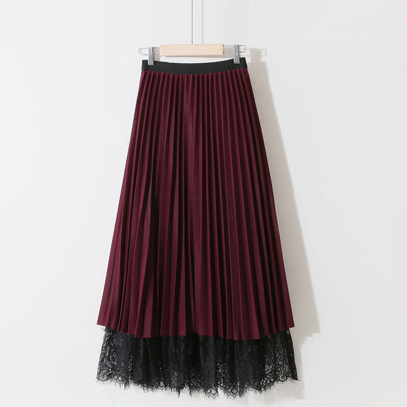 Fustă retro plisată, drăguță, de culoare uni, cu talie înaltă, din dantelă dublă, de lungime medie, din plasă de mătase strălucitoare, cu model de zână