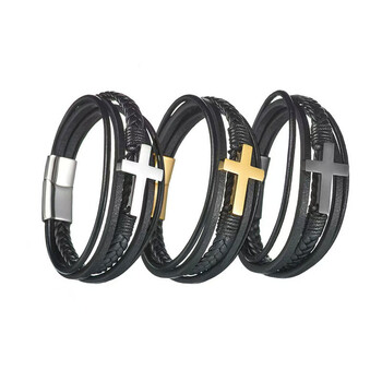 Meeste piiriülene kuummüük mitmekihiline käsitsi kootud käevõru magnetilise pandlaga, punkarnahast ja ristiga