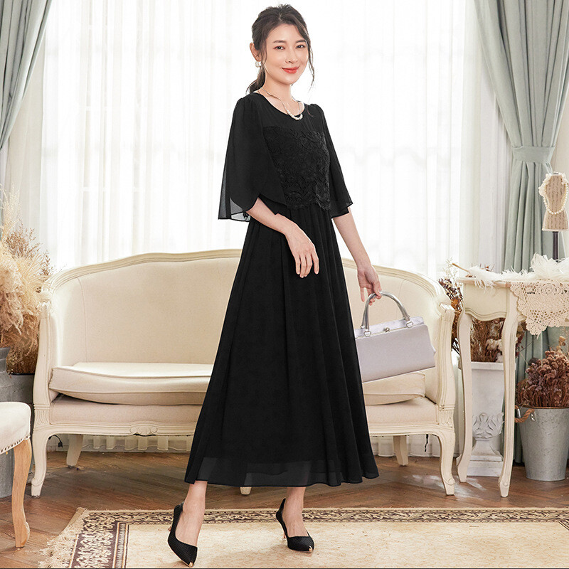 Cuiying cuiying új női csipke sifon ruha magas derekú, elegáns hosszú ruha repülő ujjal 88336