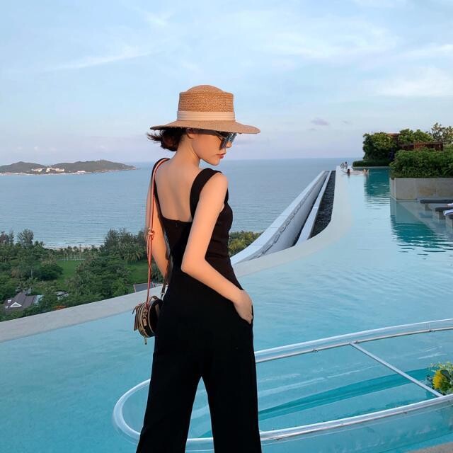 2025 нов гащеризон с висока талия и без ръкави, дамски пролетно-летен гащеризон с талия, тесни широки крачоли, панталони