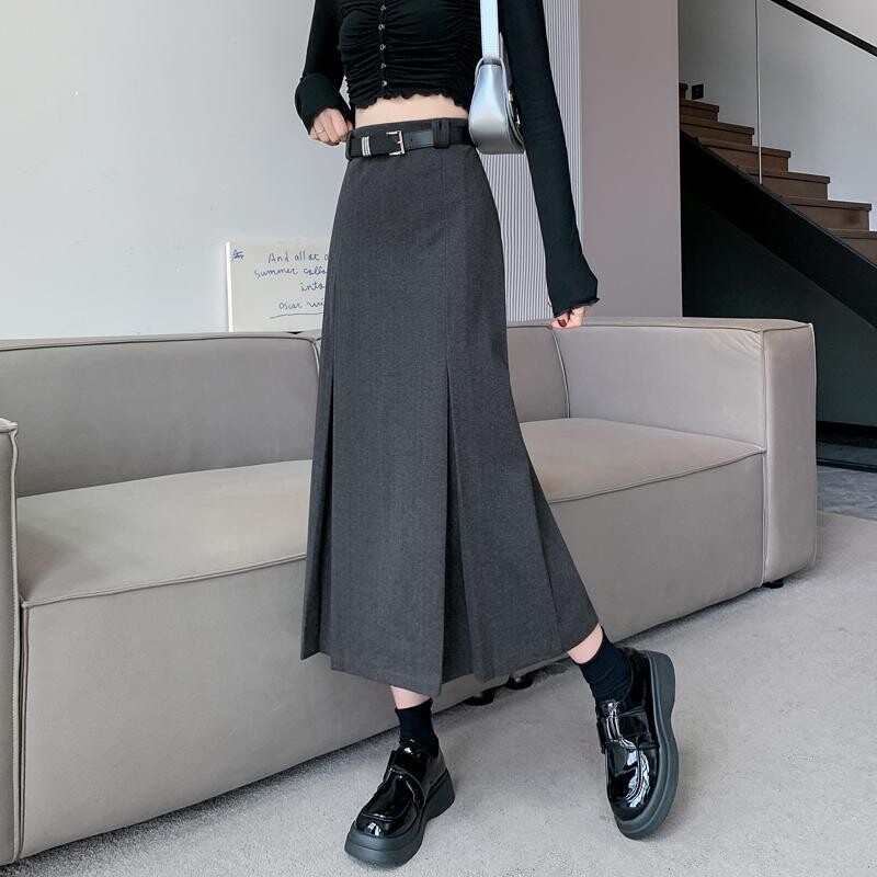 Вълнена пола за жени есен-зима 2025, нова ежедневна вълнена права пола, драпирана, пола А-силует, висока талия и ханш