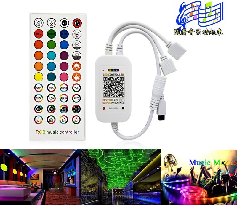 Infraraudonųjų spindulių 40 klavišų LED „Bluetooth“ spalvotų RGB šviesos juostų valdiklis, programėlės valdymas, vienos ar dviejų muzikinių šviesos juostų valdymas