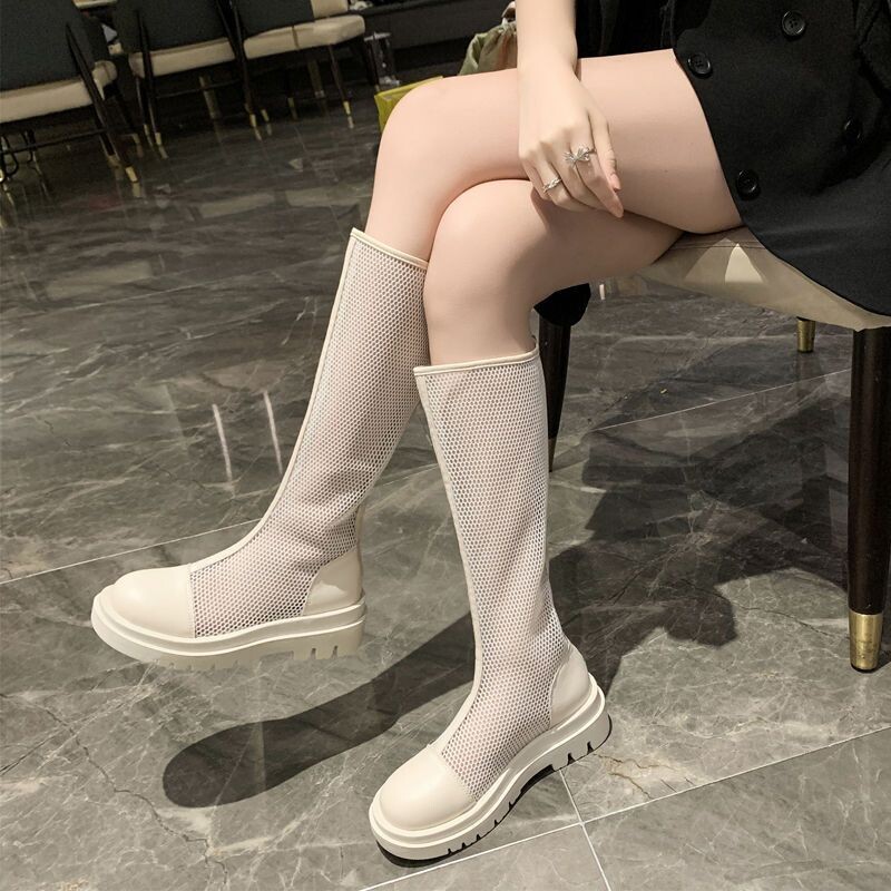 Ghete lungi subțiri pentru femei, vara 2021, ghete noi din plasă, sandale la modă cu talpă groasă, goale, versatile, respirabile, ghete lungi din plasă