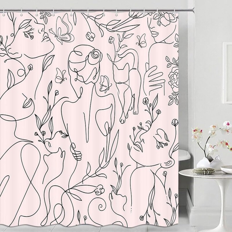 Abstrakti dušo užuolaida su juodomis linijomis, moters veidas, gėlių ir drugelių siluetas, paprastas dušo užuolaidos audinys, vandeniui atspari poliesterio dušo užuolaida