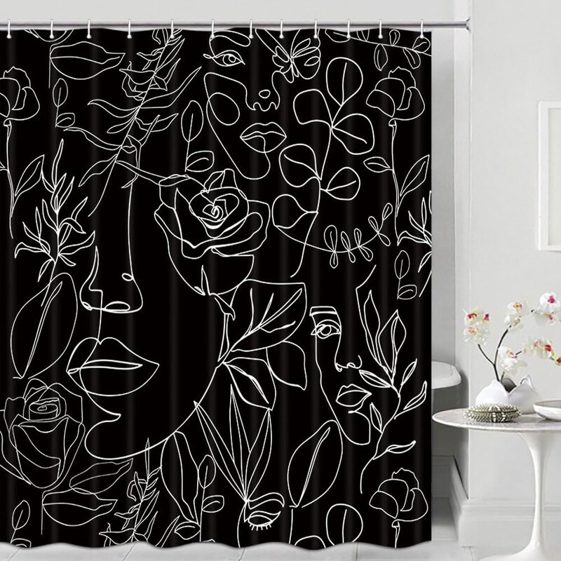 Abstrakti dušo užuolaida su juodomis linijomis, moters veidas, gėlių ir drugelių siluetas, paprastas dušo užuolaidos audinys, vandeniui atspari poliesterio dušo užuolaida