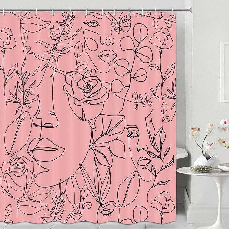 Abstrakti dušo užuolaida su juodomis linijomis, moters veidas, gėlių ir drugelių siluetas, paprastas dušo užuolaidos audinys, vandeniui atspari poliesterio dušo užuolaida