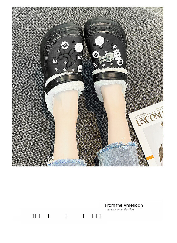 Elpojoši kokvilnas apavi ar dobiem caurumiem 2022, ziemas kokvilnas siltie apavi bez šņorēm, lielas kokvilnas čības