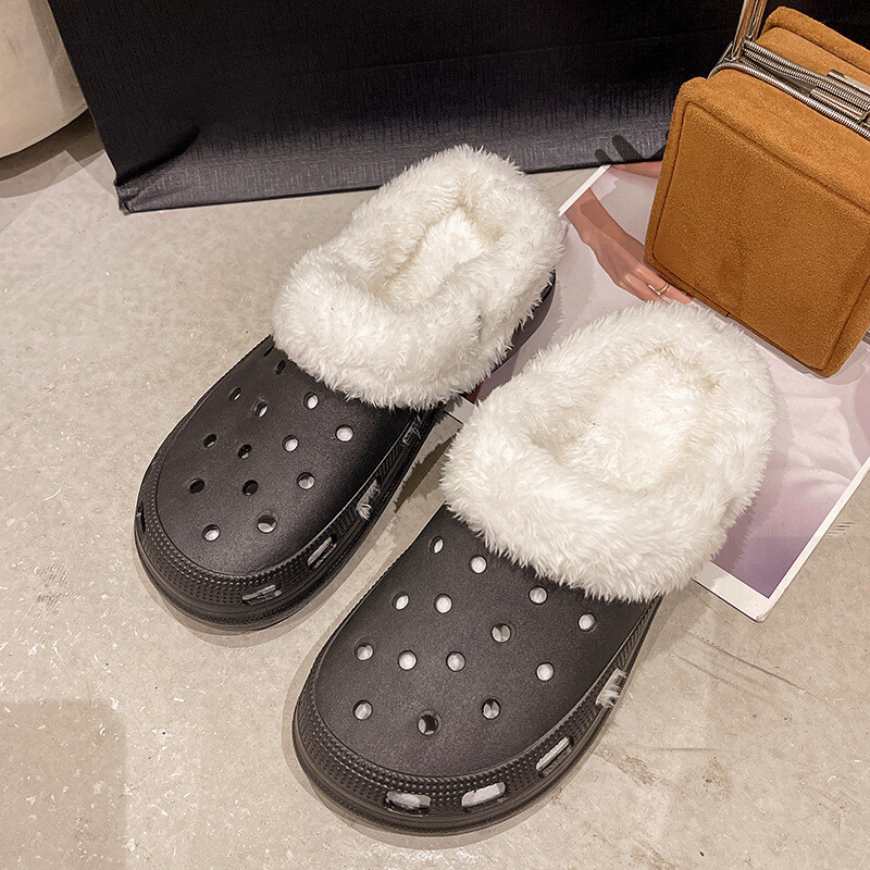 Elpojoši kokvilnas apavi ar dobiem caurumiem 2022, ziemas kokvilnas siltie apavi bez šņorēm, lielas kokvilnas čības