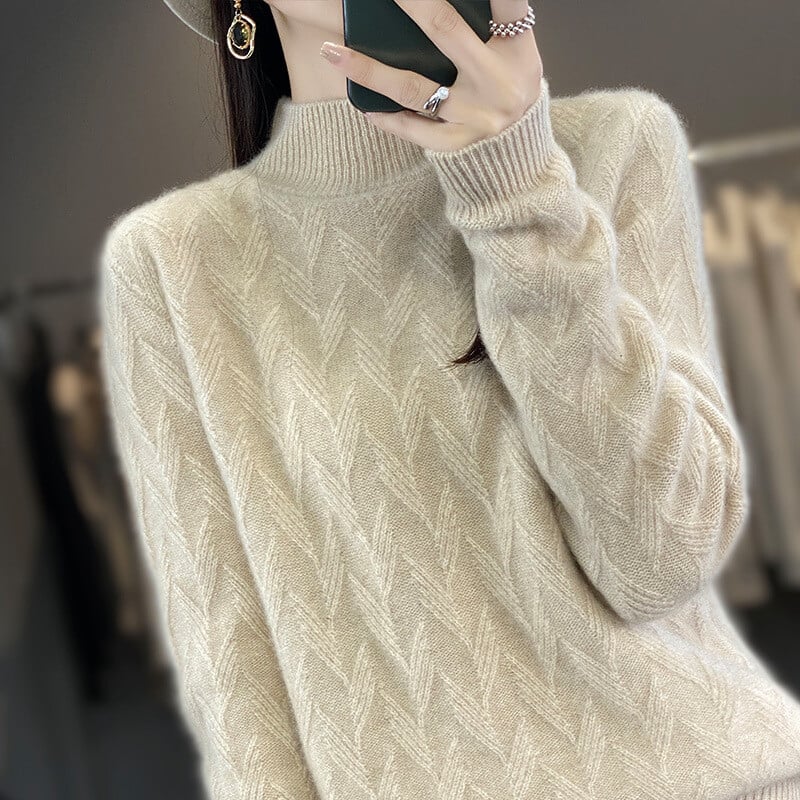 Jesenski i zimski pleteni džemper za žene novog stila, polu-ovratnik, debeli žakard, široki, lijeni uzorak, vuneni džemper s donjim dijelom, džemper za žene