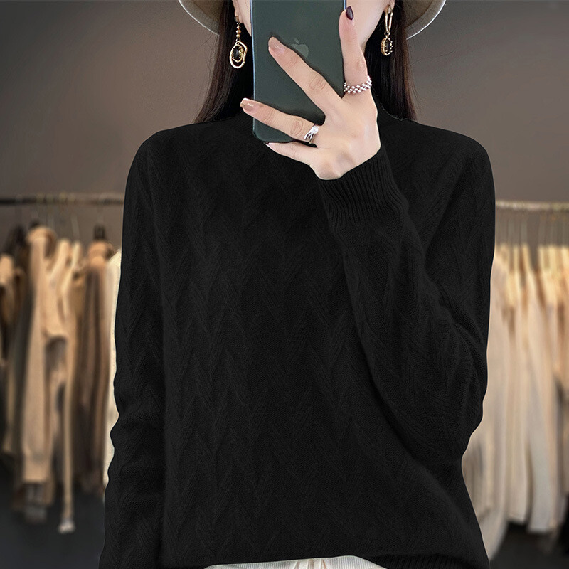 Jesenski i zimski pleteni džemper za žene novog stila, polu-ovratnik, debeli žakard, široki, lijeni uzorak, vuneni džemper s donjim dijelom, džemper za žene