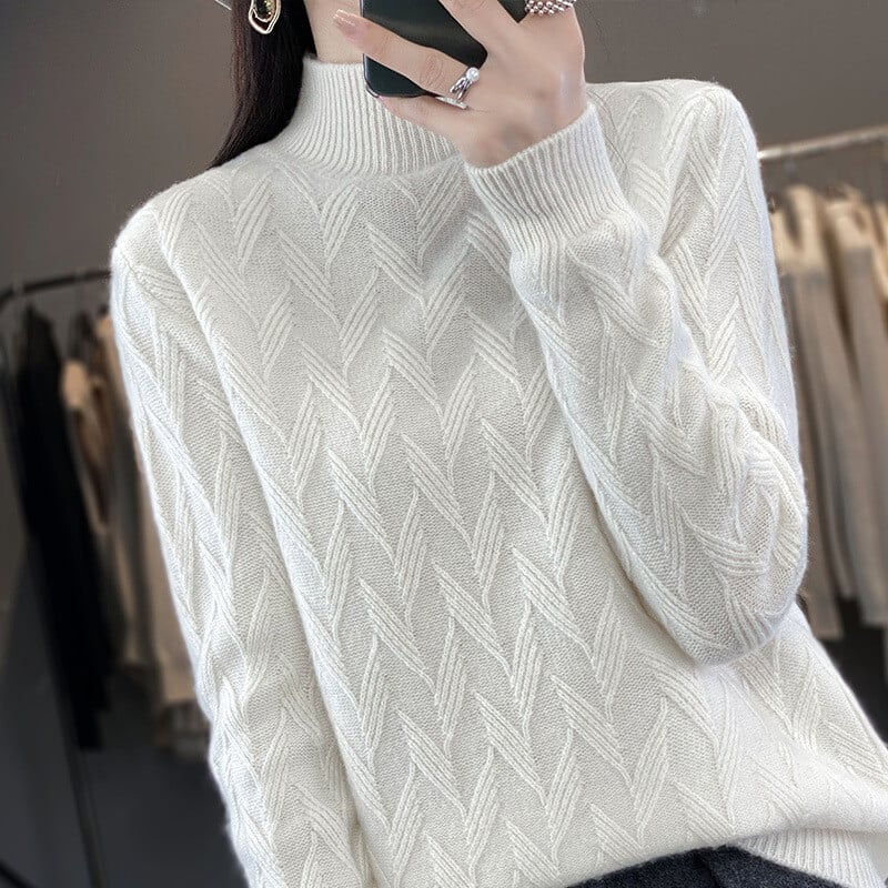 Jesenski i zimski pleteni džemper za žene novog stila, polu-ovratnik, debeli žakard, široki, lijeni uzorak, vuneni džemper s donjim dijelom, džemper za žene