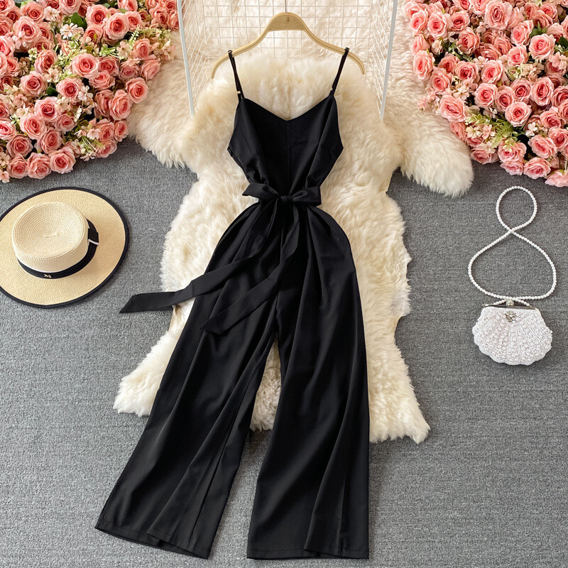 Дамски гащеризон с V-образно деколте и тиранти, нов летен гащеризон за отслабване с висока талия и широки крачоли, дълги панталони и тиранти