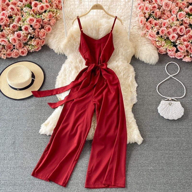 Дамски гащеризон с V-образно деколте и тиранти, нов летен гащеризон за отслабване с висока талия и широки крачоли, дълги панталони и тиранти