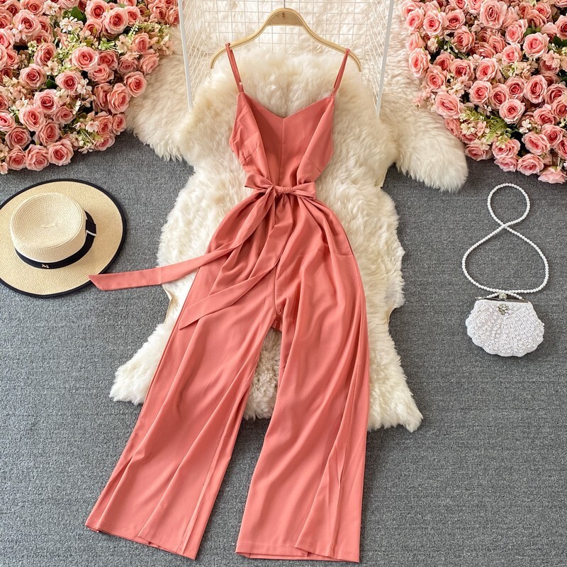 Дамски гащеризон с V-образно деколте и тиранти, нов летен гащеризон за отслабване с висока талия и широки крачоли, дълги панталони и тиранти