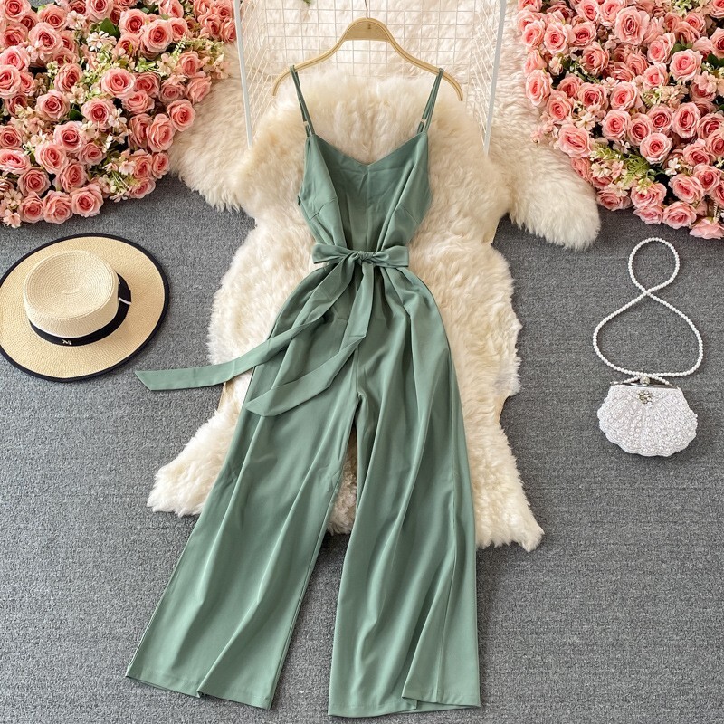 Дамски гащеризон с V-образно деколте и тиранти, нов летен гащеризон за отслабване с висока талия и широки крачоли, дълги панталони и тиранти