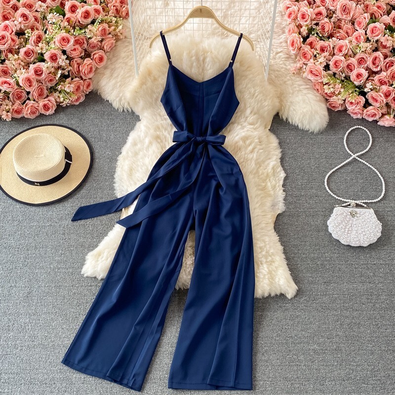 Дамски гащеризон с V-образно деколте и тиранти, нов летен гащеризон за отслабване с висока талия и широки крачоли, дълги панталони и тиранти