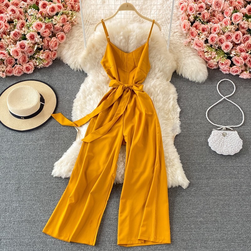 Дамски гащеризон с V-образно деколте и тиранти, нов летен гащеризон за отслабване с висока талия и широки крачоли, дълги панталони и тиранти