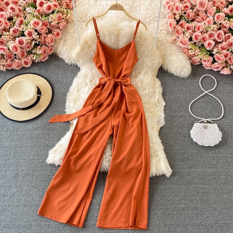 Дамски гащеризон с V-образно деколте и тиранти, нов летен гащеризон за отслабване с висока талия и широки крачоли, дълги панталони и тиранти