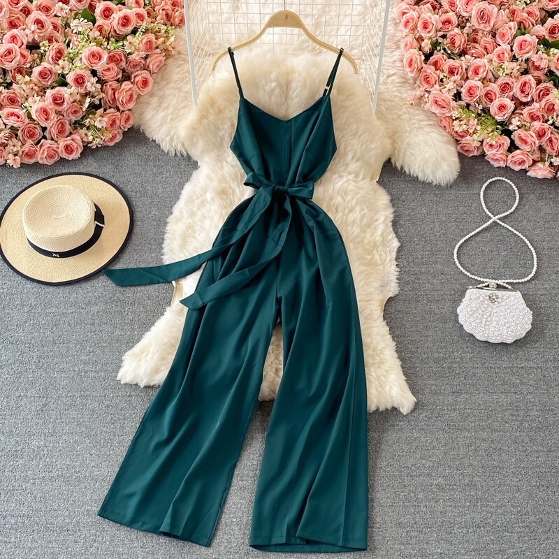 Дамски гащеризон с V-образно деколте и тиранти, нов летен гащеризон за отслабване с висока талия и широки крачоли, дълги панталони и тиранти