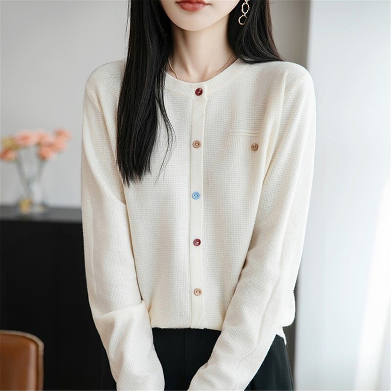 Stil coreean, stil delicat, cardigan tricotat colorat cu nasturi, pentru femei la începutul toamnei, lejer, subțire, cu guler rotund și mâneci lungi, tendință de top pentru mame