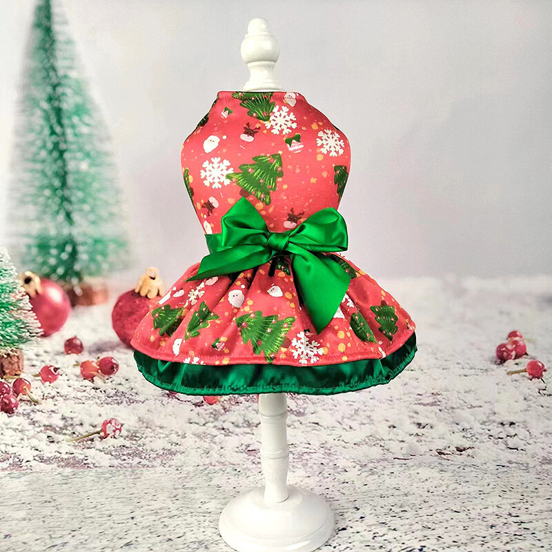 Нова коледна рокля, дрехи за домашни любимци с двоен слой, нова панделка, коледна елха, снежинка, старец, лос, розово-зелено