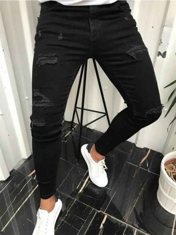 Αμερικάνικο παντελόνι skinny με τρύπα για το δρόμο, μοντέρνο μονόχρωμο παντελόνι skinny, απλό τζιν παντελόνι