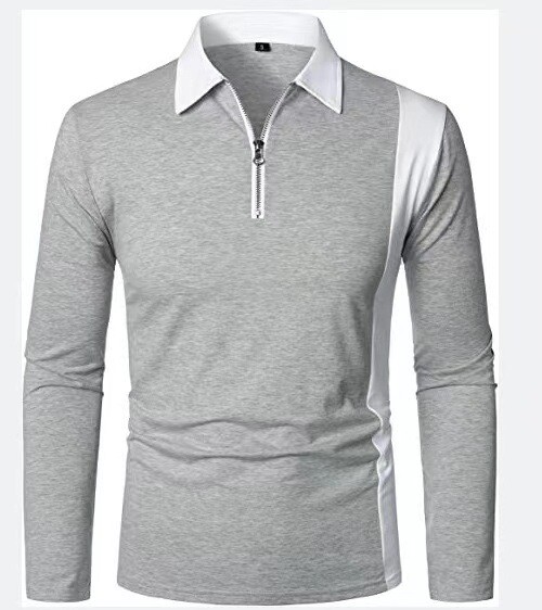 Ārējās tirdzniecības garpiedurkņu polo krekls, moderns divtoņu šuvumu vīriešu krekls ar atloku un garām piedurknēm.