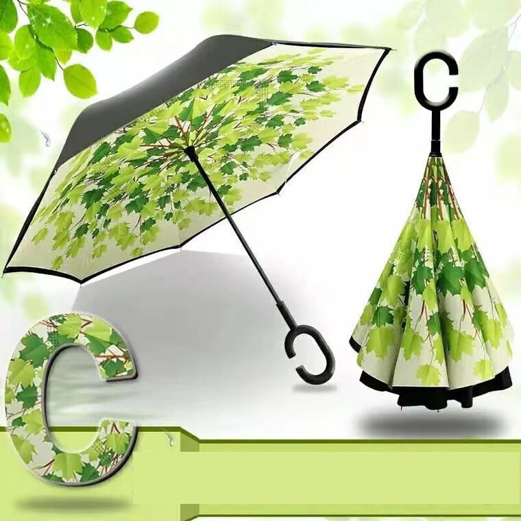 Ilga rankena apverčiamas skėtis, gali stovėti dvigubo sluoksnio tiesus skėtis, kūrybingas C formos automobilio formos skėtis su saule ir lietumi dovanų skėtis verslo reklamai