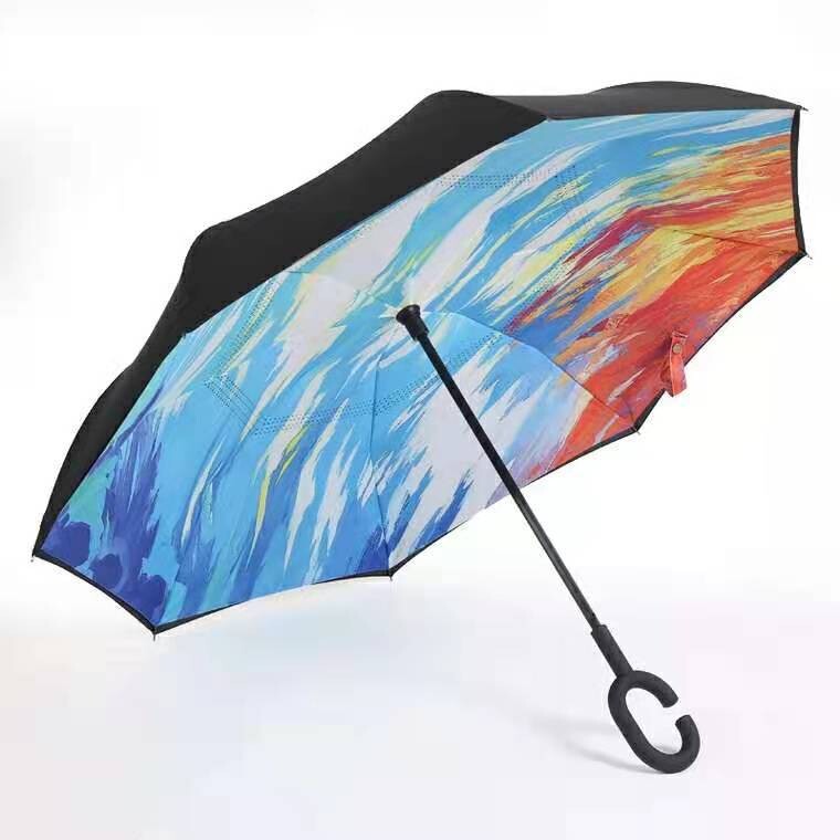 Ilga rankena apverčiamas skėtis, gali stovėti dvigubo sluoksnio tiesus skėtis, kūrybingas C formos automobilio formos skėtis su saule ir lietumi dovanų skėtis verslo reklamai