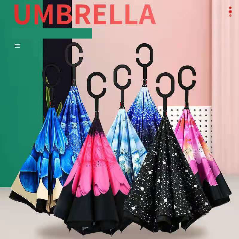 Ilga rankena apverčiamas skėtis, gali stovėti dvigubo sluoksnio tiesus skėtis, kūrybingas C formos automobilio formos skėtis su saule ir lietumi dovanų skėtis verslo reklamai