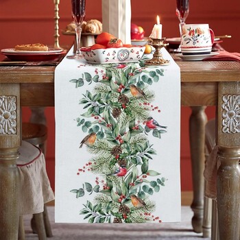 Kalėdinė atmosfera, lininis stalo takelis, tarpsieninis, populiarus Kalėdų eglutės ir restorano staltiesės raštas su Kalėdų Senelio raštu.