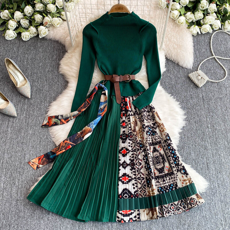 E398 retrodisainiga 1 trükitud pikkade varrukatega kleit, talvine naiste vöökoht, pikk A-lõikeline seelik