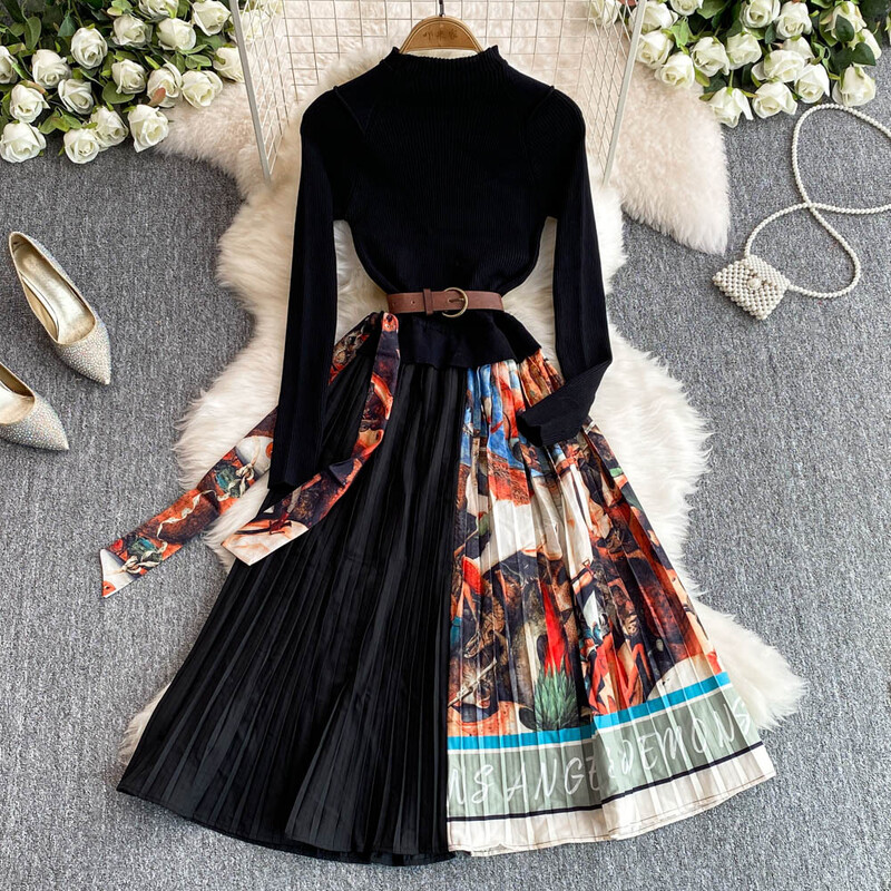 E398 retrodisainiga 1 trükitud pikkade varrukatega kleit, talvine naiste vöökoht, pikk A-lõikeline seelik