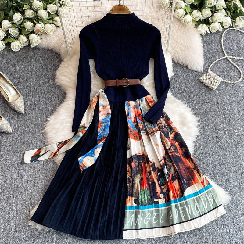 E398 retrodisainiga 1 trükitud pikkade varrukatega kleit, talvine naiste vöökoht, pikk A-lõikeline seelik