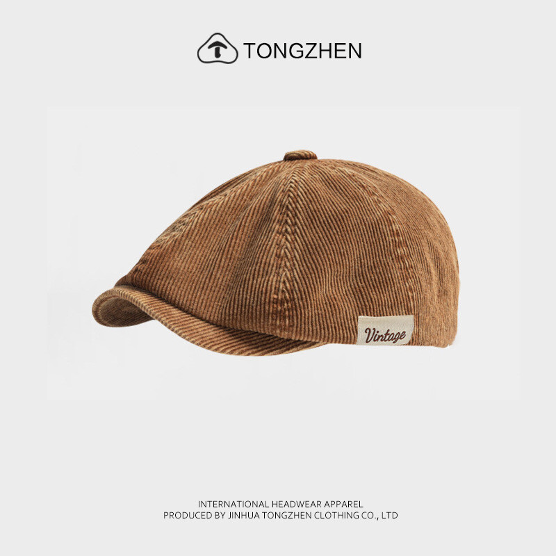 Novi jesenski smeđi retro baršunasti osmerokutni šešir za muškarce i žene, nošen unatrag s beretkom, univerzalni šešir u jednoj boji za jesen i zimu