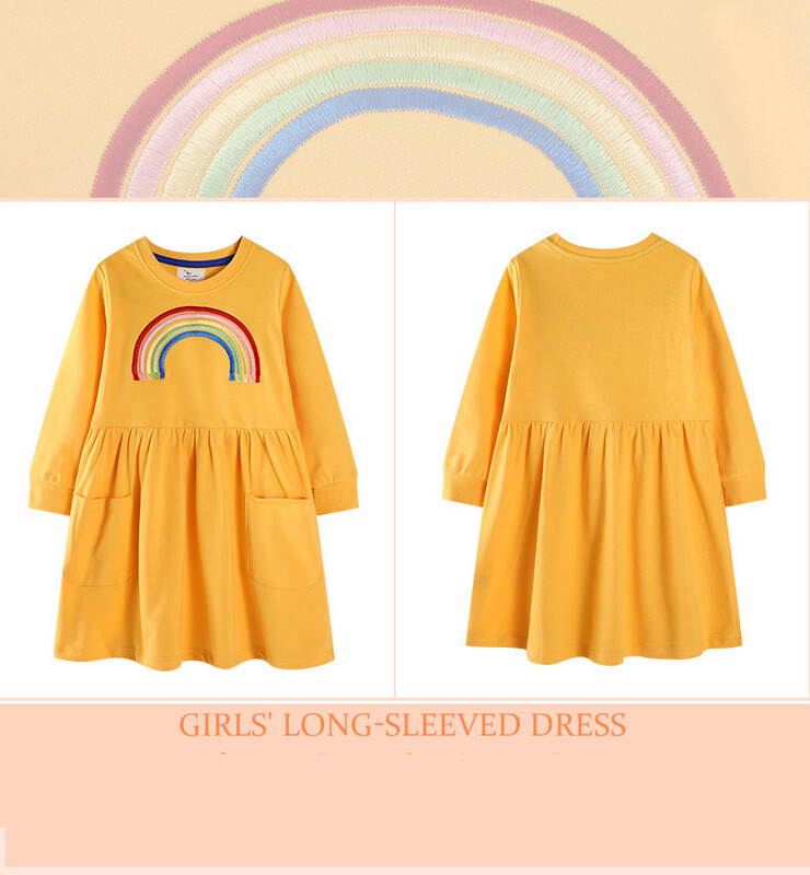 25 tarpvalstybinės Europos ir Amerikos vaikiškos suknelės, naujos rudens vaivorykštės siuvinėjimo suknelės mergaitėms, ilgomis rankovėmis suknelė su kišene