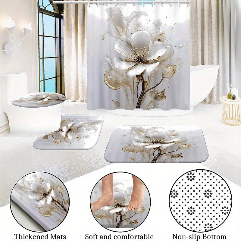 Keturių dalių vonios kambario komplektas su rašalo spalvų tema, dušo užuolaida, neslystančiu tualeto kilimėliu, meno stiliumi