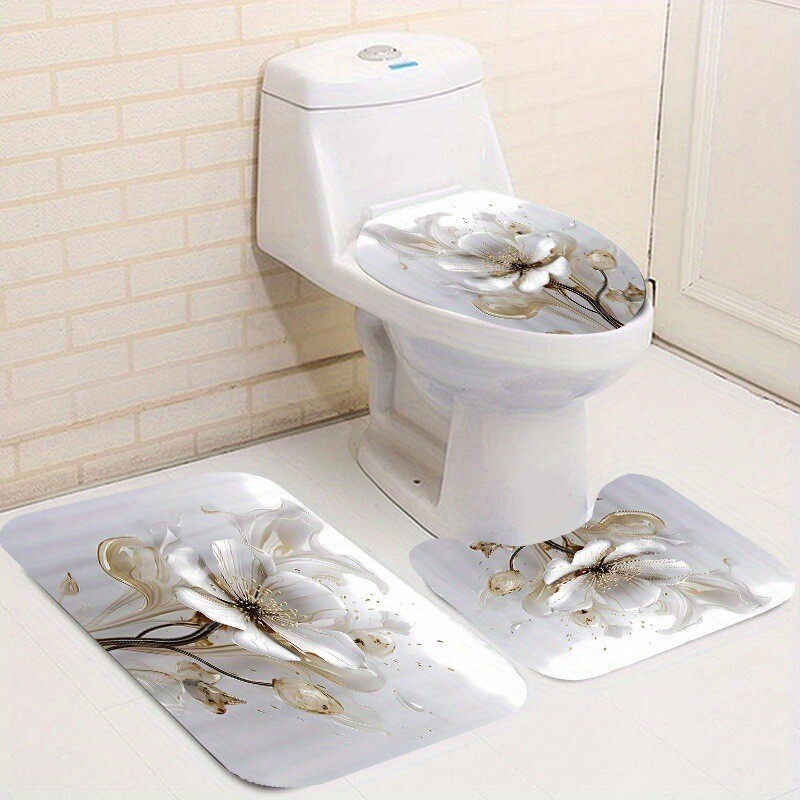 Keturių dalių vonios kambario komplektas su rašalo spalvų tema, dušo užuolaida, neslystančiu tualeto kilimėliu, meno stiliumi