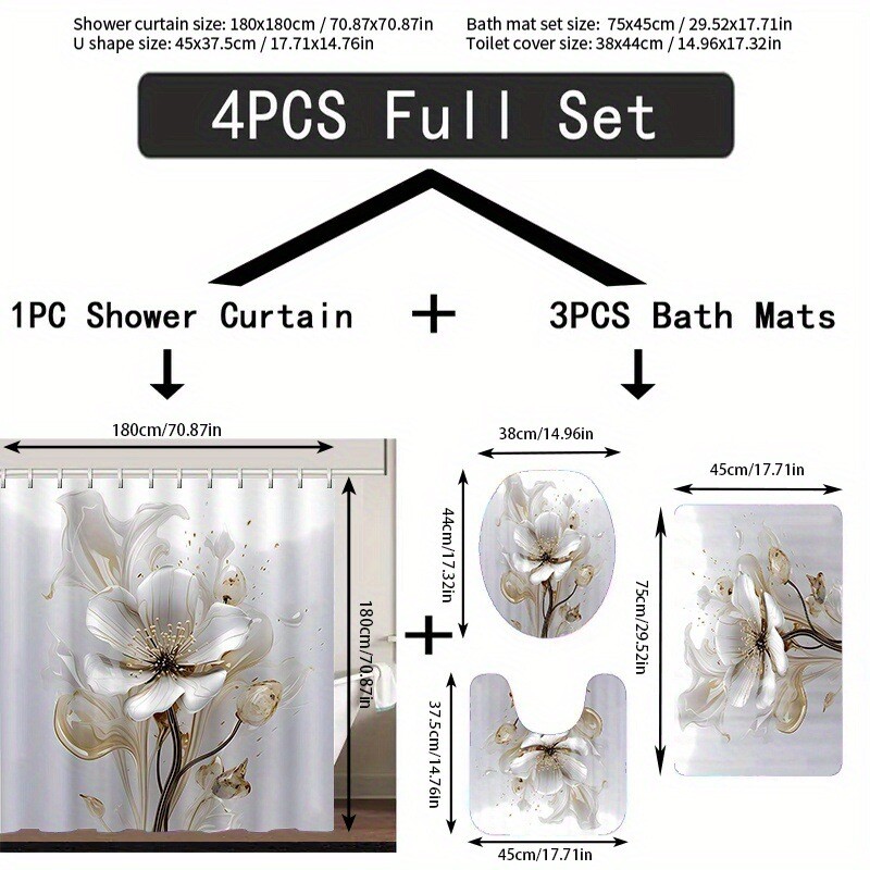 Keturių dalių vonios kambario komplektas su rašalo spalvų tema, dušo užuolaida, neslystančiu tualeto kilimėliu, meno stiliumi