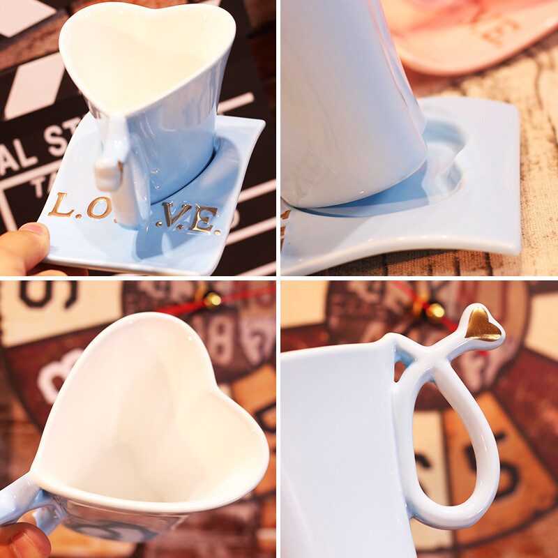 Skandinaviško stiliaus keraminių kavos puodelių rinkinys, širdies formos keraminis puodelis porai su gėle, paprasta vestuvių dovana su šaukšteliu ir lėkštute