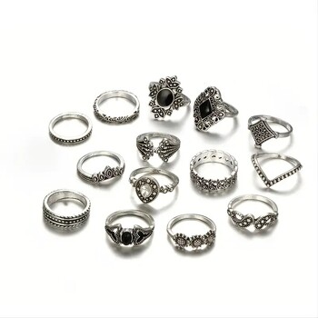 Σετ 15 δαχτυλιδιών Harajuku σε στυλ συνδυασμού, ρετρό χιπ χοπ ντίσκο, δείκτης, μοντέρνο δαχτυλίδι